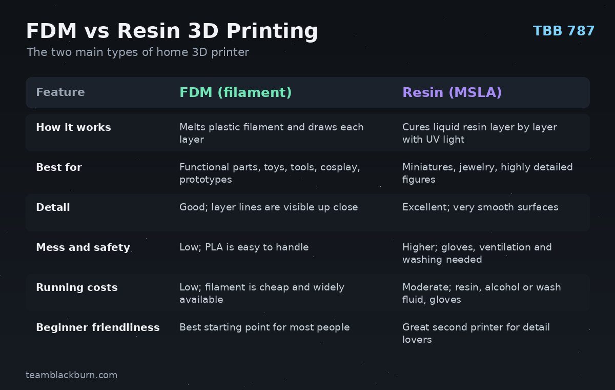 Comparison chart of FDM filament and resin 3D printing